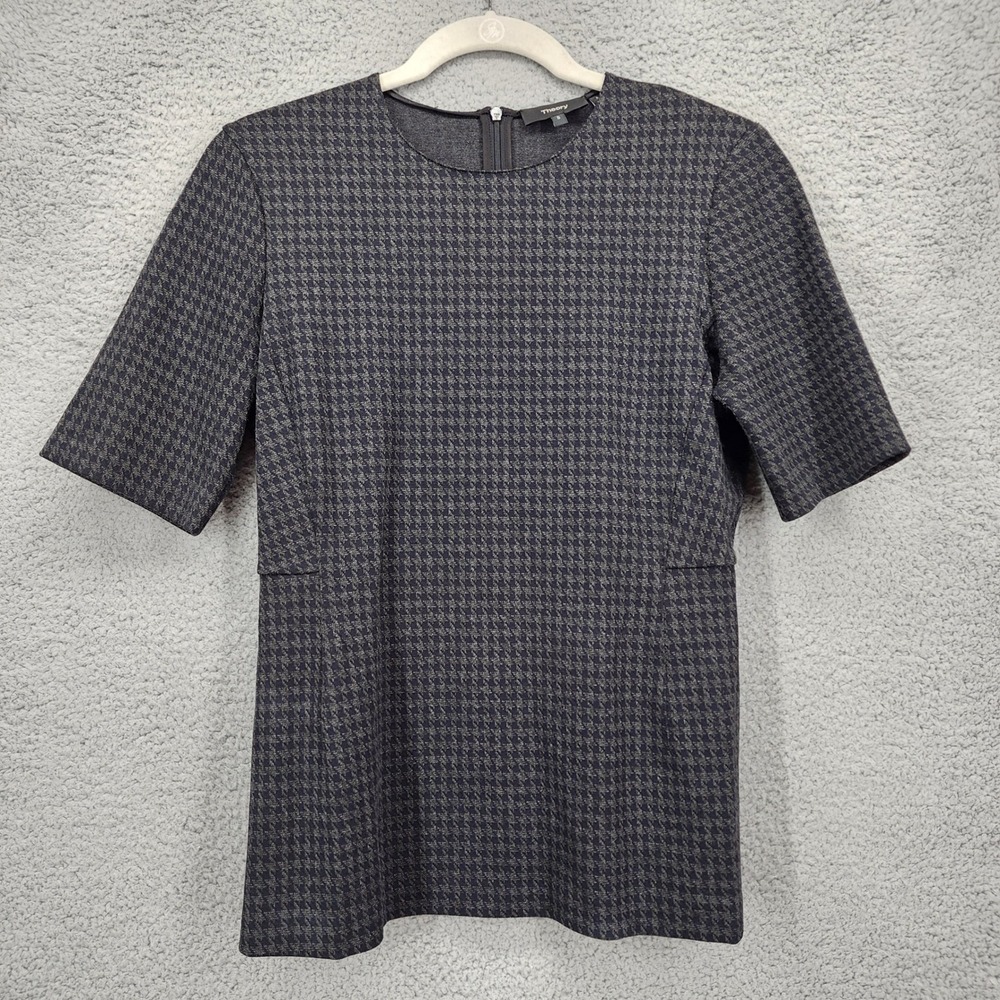 Theory‎ Womens Grey Houndstooth Knit Short Sleeve Zip Back Top Size Small